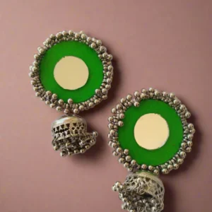 Rainvas Green mirror oxidized silver jhumkas