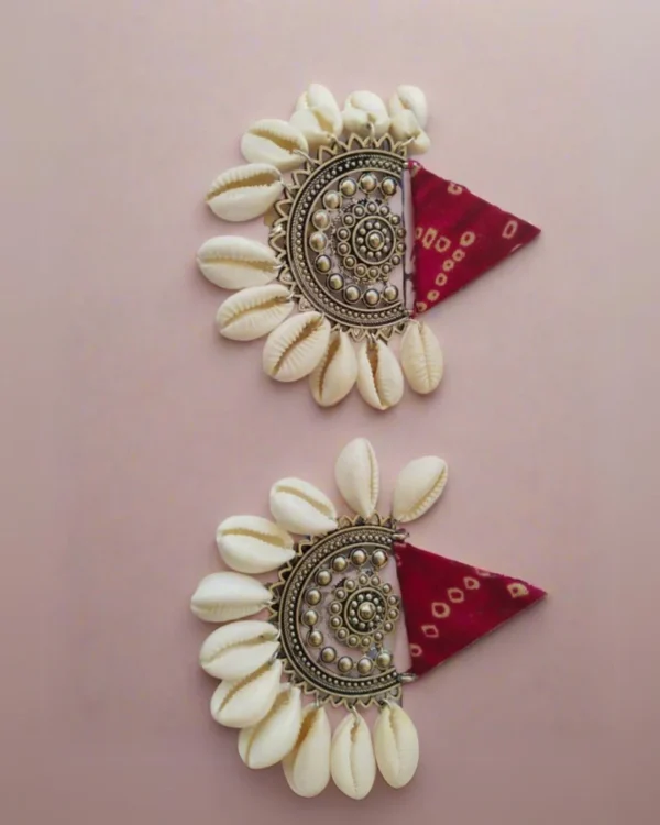 Rainvas Red printed fabric earrings with shells