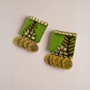Rainvas Lime green fabric golden coin studs earrings