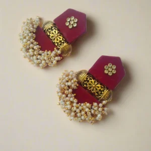 Rainvas Maroon golden beads heavy jhumka earrings for women