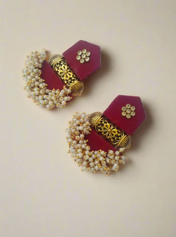 Rainvas Maroon golden beads heavy jhumka earrings for women