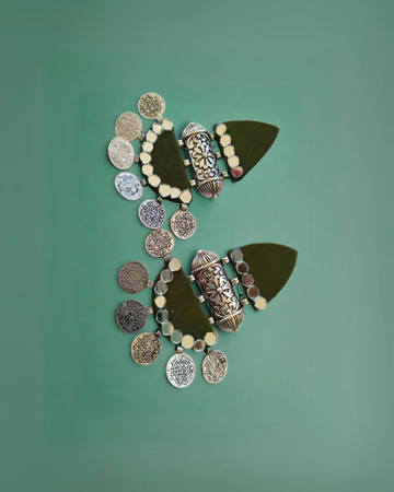 Rainvas Mehndi green beaded coins fabric jhumka
