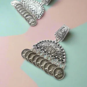 Rainvas Designer silver Oxidised Coin Earrings for women