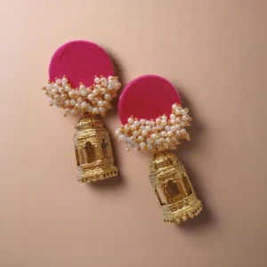 Rainvas Pink beaded earrings with golden temple bottom