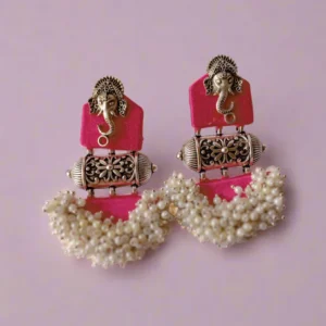 Rainvas Pink Ganpati beaded fabric earrings