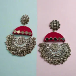 Rainvas Dark Pink mirror oxidized heavy jhumka earrings