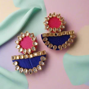 Rainvas Pink and blue kundan fabric earrings