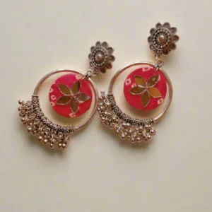 Rainvas pink bandhani printed fabric bali ghungroo earrings