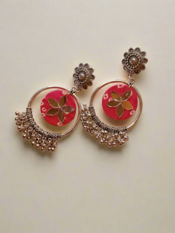 Rainvas pink bandhani printed fabric bali ghungroo earrings