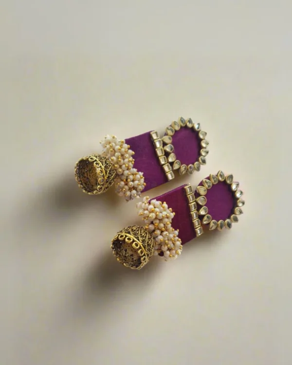 Rainvas Rectangular jhumka with kundan and pearls Wine