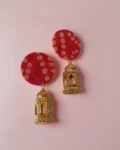 Rainvas Red bandhani print & golden long jhumka earrrings