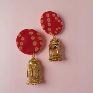 Rainvas Red bandhani print & golden long jhumka earrrings