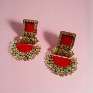 Rainvas Bright red rectangular beaded earrings for women