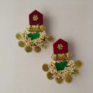 Rainvas Red maroon and green golden heavy coin earrings