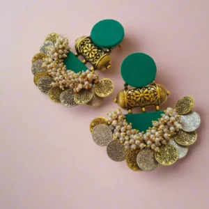 Rainvas Sea green silver and golden jhumka earrings