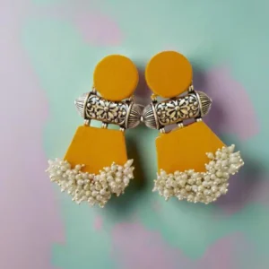 Rainvas Yellow and silver beaded long jhumka earrings