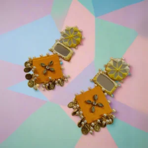 Rainvas Yellow mirror and coins fabric earrings for women