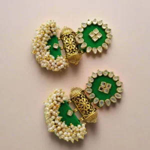 Rainvas Green with golden beads and pearls traditional earrings