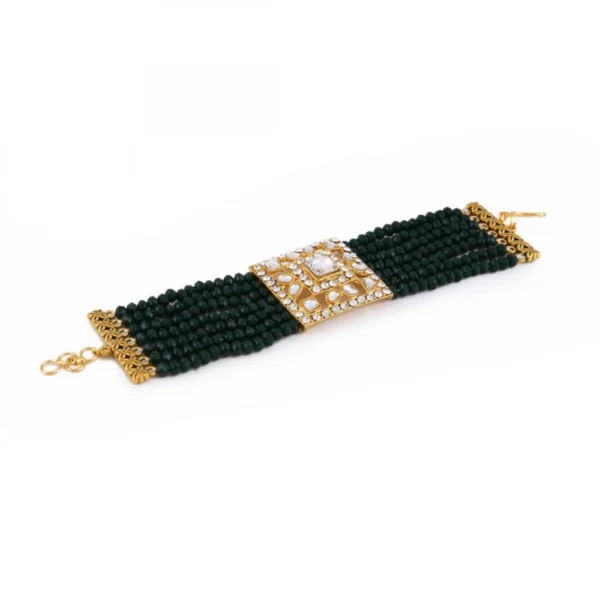 Stylish Green Crystal Beads Gold Plated Kundan Bracelet (Color: Green)