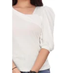 Women's Casual Puff Sleeves Lycra Blend Asymmetric Neck Top (White)