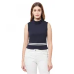 Women's Cotton Blend Solid Sleeveless High Neck Regular Top (Dark-Blue)