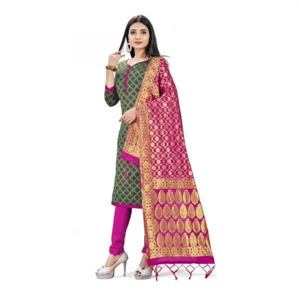 Banarasi Silk Unstitched Salwar-Suit Material Premium Quality With Dupatta (Color: Mehendi Green)