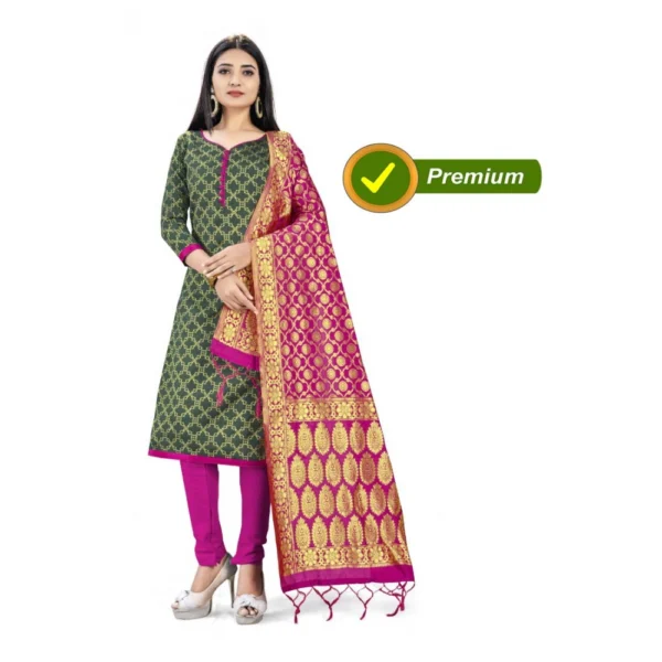 Banarasi Silk Unstitched Salwar-Suit Material Premium Quality With Dupatta (Color: Mehendi Green)