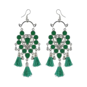 Women's Silver Plated Afgani Tassel Earrings-Green