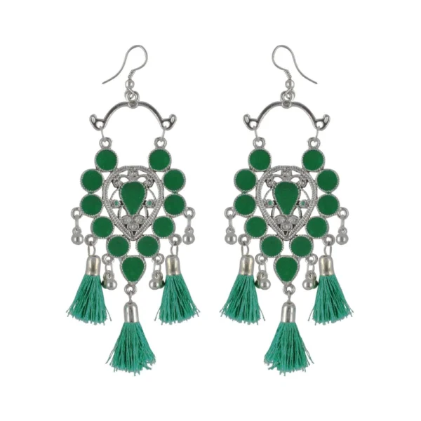 Women's Silver Plated Afgani Tassel Earrings-Green