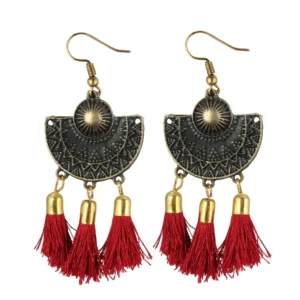 Women's Gold Plated Hook Dangler Hanging Tassel Earrings-Black