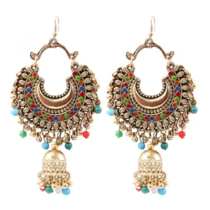 Women's Oxidized Gold plated Hook Dangler Hanging Jhumki Earrings-Multicolour