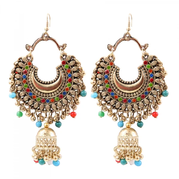 Women's Oxidized Gold plated Hook Dangler Hanging Jhumki Earrings-Multicolour