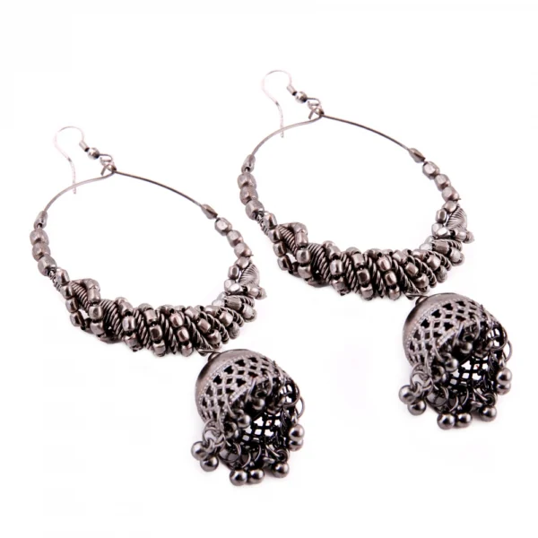 Women's Silver Oxidized Hook Dangler Hanging Afgani Tribal Fancy Earrings-Silver