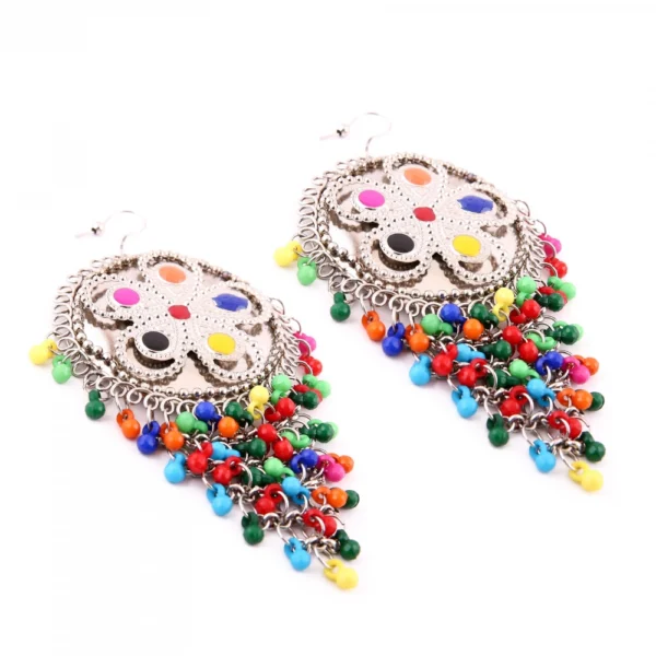 Women's Silver Oxidized Hook Dangler Hanging Afgani Tribal Fancy Earrings-Multicolour