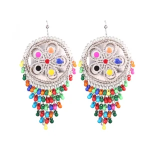 Women's Silver Oxidized Hook Dangler Hanging Afgani Tribal Fancy Earrings-Multicolour