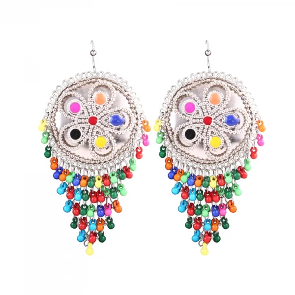 Women's Silver Oxidized Hook Dangler Hanging Afgani Tribal Fancy Earrings-Multicolour