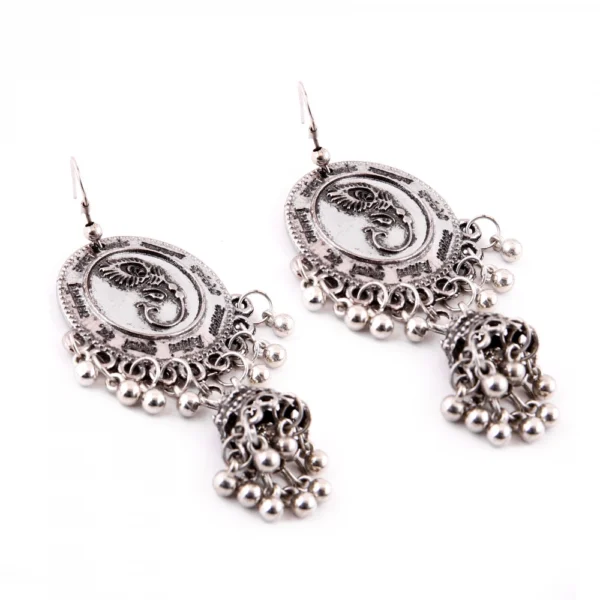 Women's Silver Oxidized Hook Dangler Hanging Afgani Tribal Fancy Earrings-Silver