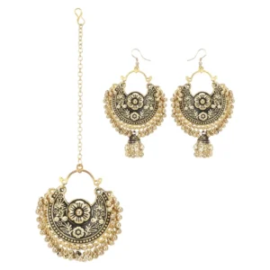 Women's Gold Oxidized Earrings and Maang Tikka-Black