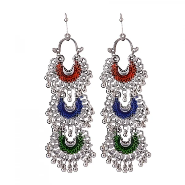 Women's Silver Oxidized Hook Dangler Hanging Fashion Earrings-Multicolour