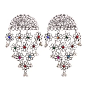 Women's Silver Plated Hook Dangler Hanging Statement Earrings-Multicolour