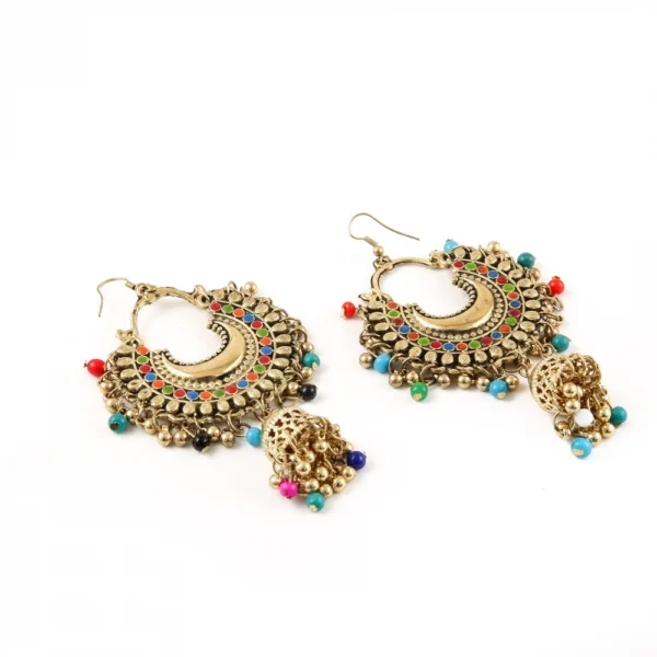 Women's Oxidized Gold plated Hook Dangler Hanging Jhumki Earrings-Multicolour