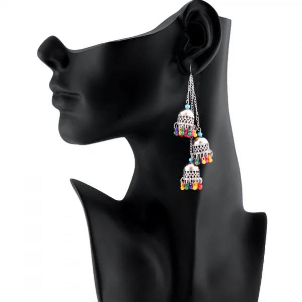 Women's Silver Oxidized Hook Dangler Hanging Earrings-Multicolour