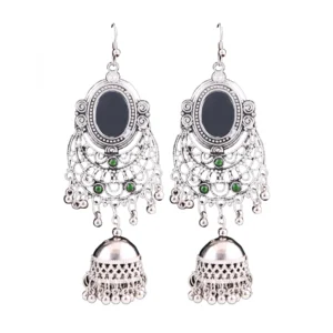 Women's Silver Oxidized Hook Dangler Hanging Afgani Tribal Fancy Earrings-Silver