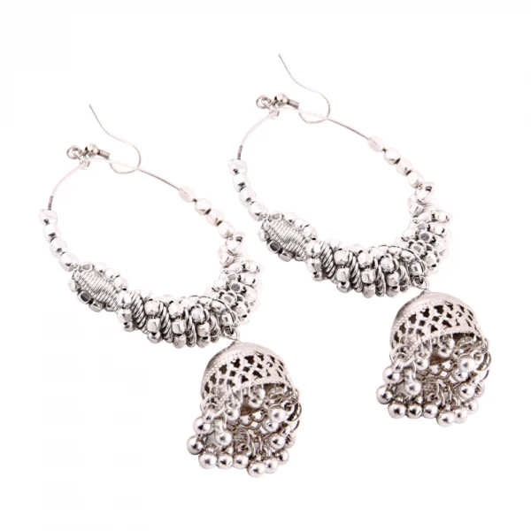 Women's Silver Oxidized Hook Dangler Hanging Afgani Tribal Fancy Earrings-Silver