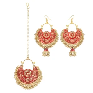 Women's Gold Oxidized Earrings and Maang Tikka-Red
