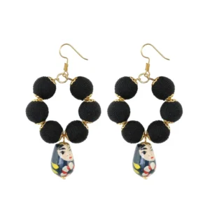 Women's Alloy, Thread Hook Dangler Hanging Hand painted Earrings-Black