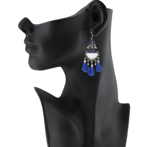 Women's Silver Plated Afgani Tassel Earrings-Blue