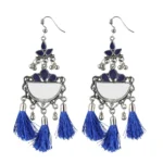 Women's Silver Plated Afgani Tassel Earrings-Blue