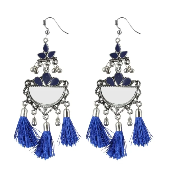 Women's Silver Plated Afgani Tassel Earrings-Blue