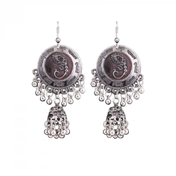 Women's Silver Oxidized Hook Dangler Hanging Afgani Tribal Fancy Earrings-Silver